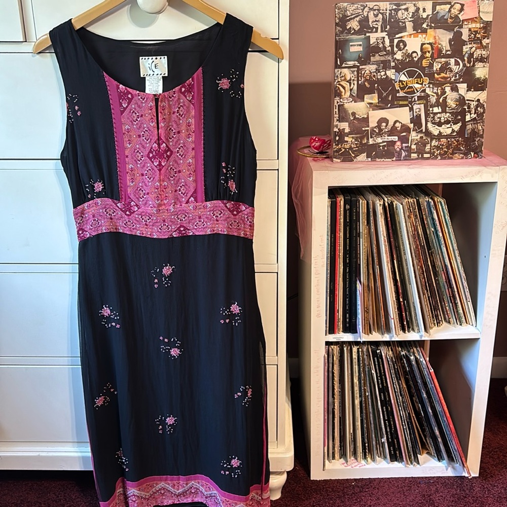 Vintage y2k Black Pink Silk Beaded Embroidered Fairy Cottagecore Dress 6 Country